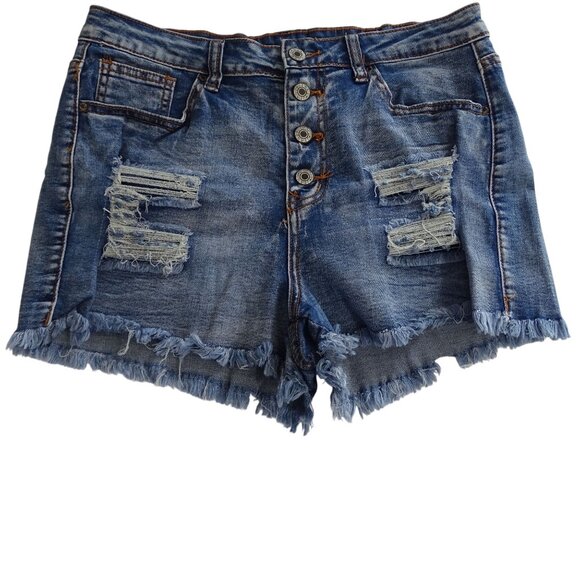Distressed Denim High-Waist Shorts Women Size L Raw Hem Button Fly Ripped - Picture 1 of 10